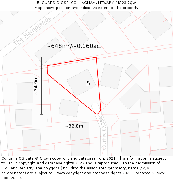 5, CURTIS CLOSE, COLLINGHAM, NEWARK, NG23 7QW: Plot and title map