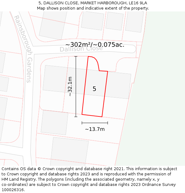 5, DALLISON CLOSE, MARKET HARBOROUGH, LE16 9LA: Plot and title map