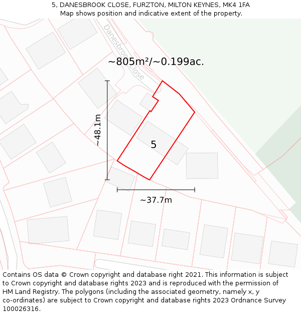 5, DANESBROOK CLOSE, FURZTON, MILTON KEYNES, MK4 1FA: Plot and title map