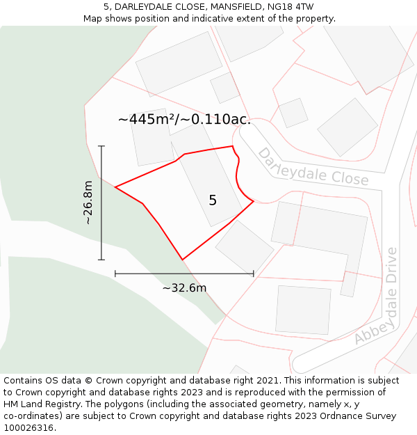5, DARLEYDALE CLOSE, MANSFIELD, NG18 4TW: Plot and title map