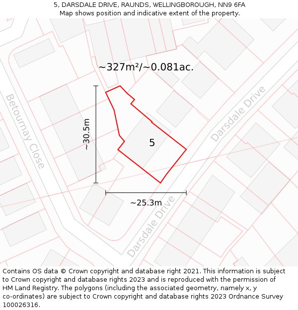 5, DARSDALE DRIVE, RAUNDS, WELLINGBOROUGH, NN9 6FA: Plot and title map