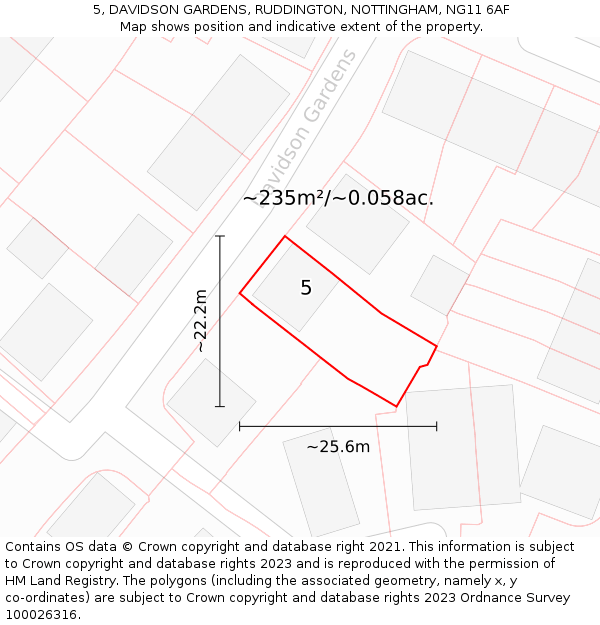 5, DAVIDSON GARDENS, RUDDINGTON, NOTTINGHAM, NG11 6AF: Plot and title map