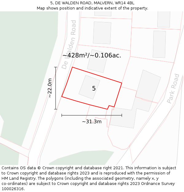 5, DE WALDEN ROAD, MALVERN, WR14 4BL: Plot and title map