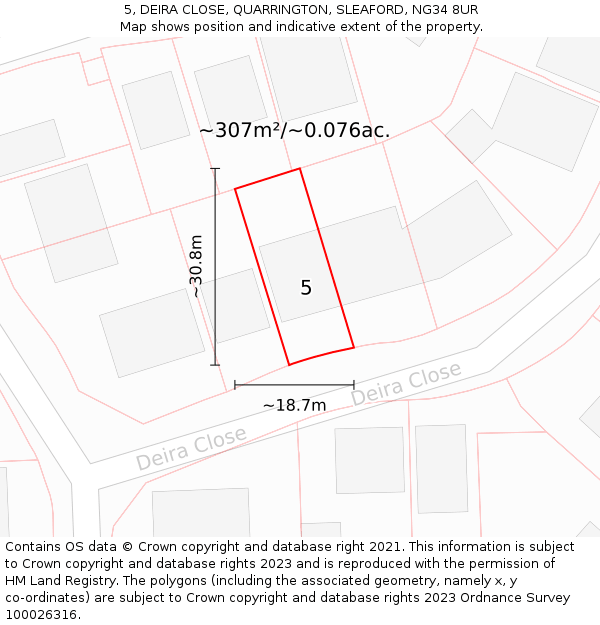 5, DEIRA CLOSE, QUARRINGTON, SLEAFORD, NG34 8UR: Plot and title map