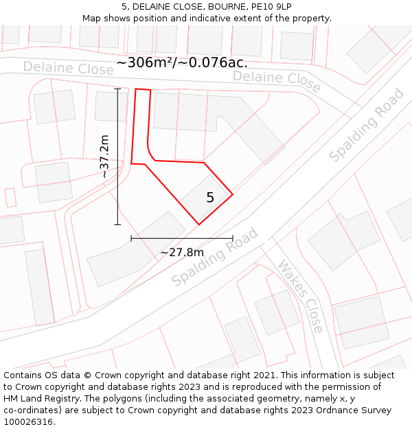 5, DELAINE CLOSE, BOURNE, PE10 9LP: Plot and title map