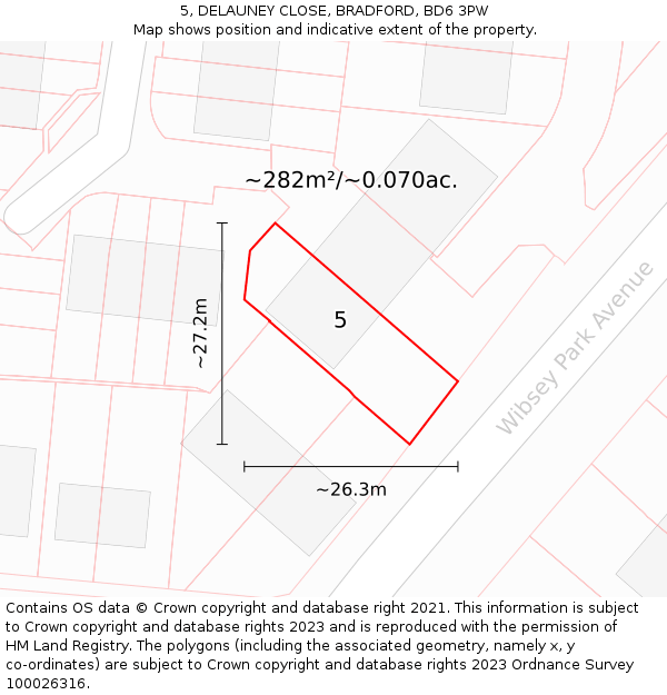 5, DELAUNEY CLOSE, BRADFORD, BD6 3PW: Plot and title map