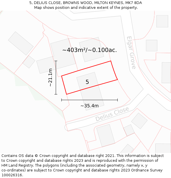 5, DELIUS CLOSE, BROWNS WOOD, MILTON KEYNES, MK7 8DA: Plot and title map