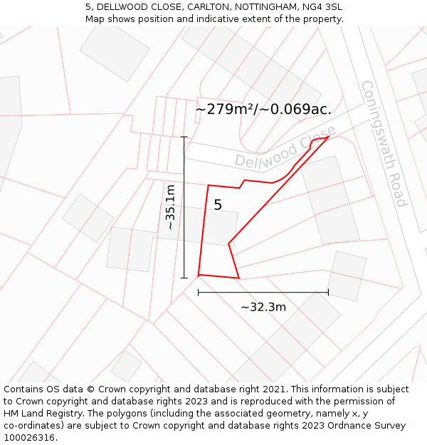 5, DELLWOOD CLOSE, CARLTON, NOTTINGHAM, NG4 3SL: Plot and title map