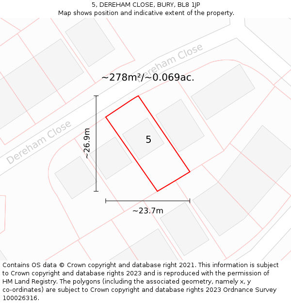5, DEREHAM CLOSE, BURY, BL8 1JP: Plot and title map