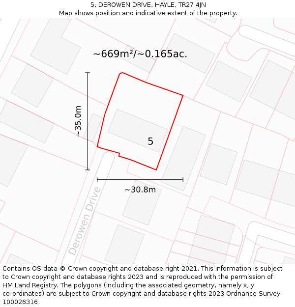 5, DEROWEN DRIVE, HAYLE, TR27 4JN: Plot and title map