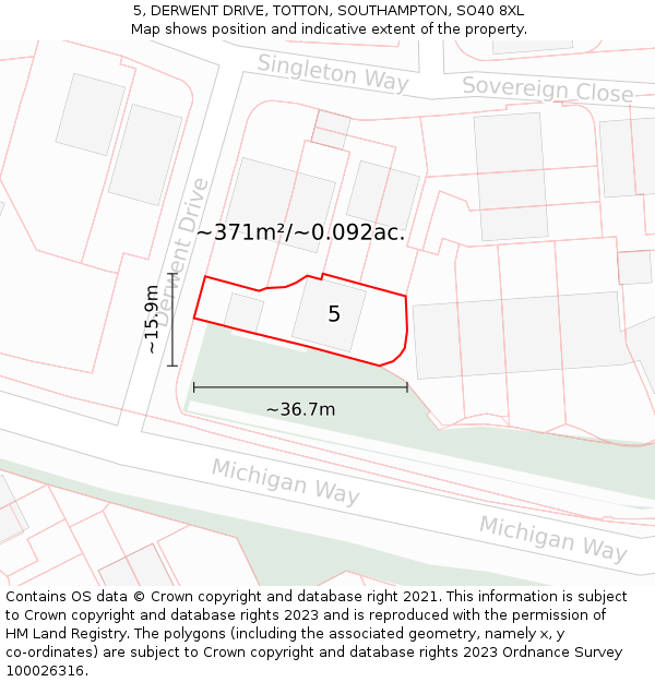 5, DERWENT DRIVE, TOTTON, SOUTHAMPTON, SO40 8XL: Plot and title map