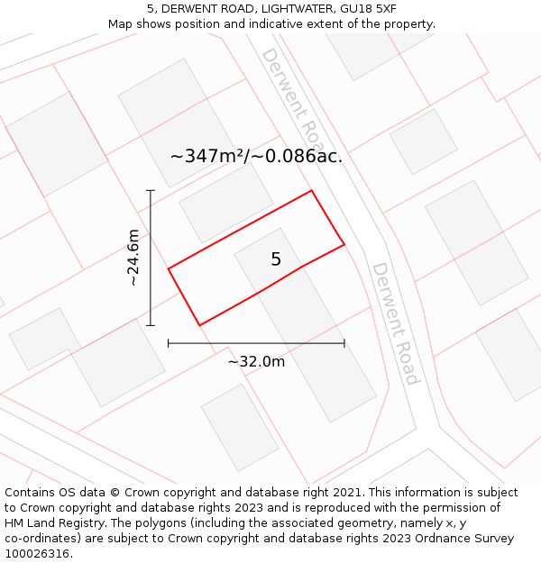 5, DERWENT ROAD, LIGHTWATER, GU18 5XF: Plot and title map