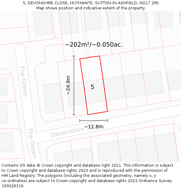 5, DEVONSHIRE CLOSE, HUTHWAITE, SUTTON-IN-ASHFIELD, NG17 2RX: Plot and title map