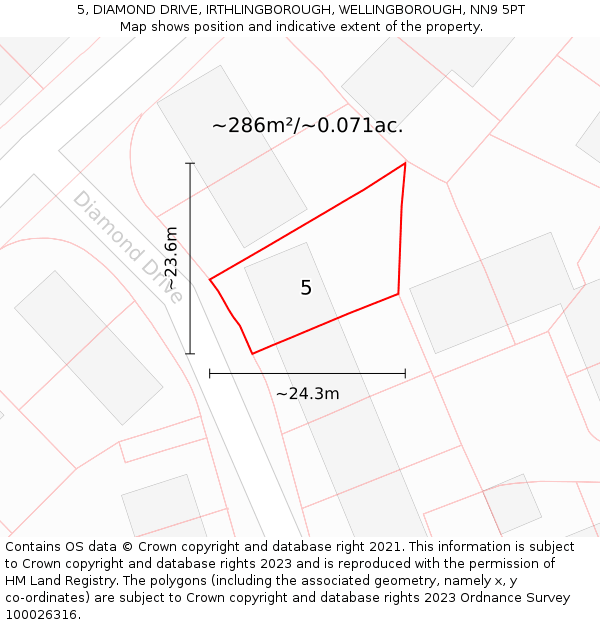 5, DIAMOND DRIVE, IRTHLINGBOROUGH, WELLINGBOROUGH, NN9 5PT: Plot and title map