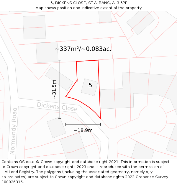 5, DICKENS CLOSE, ST ALBANS, AL3 5PP: Plot and title map