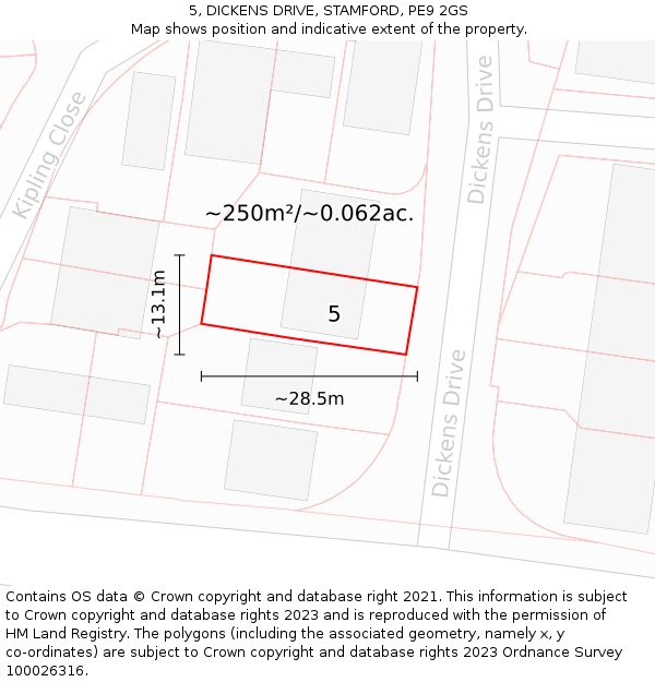 5, DICKENS DRIVE, STAMFORD, PE9 2GS: Plot and title map