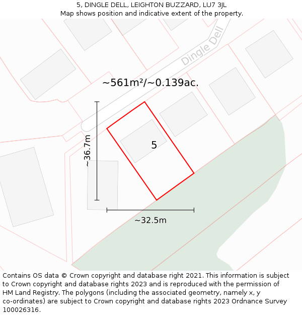 5, DINGLE DELL, LEIGHTON BUZZARD, LU7 3JL: Plot and title map