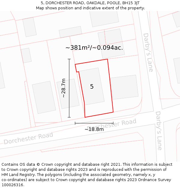 5, DORCHESTER ROAD, OAKDALE, POOLE, BH15 3JT: Plot and title map