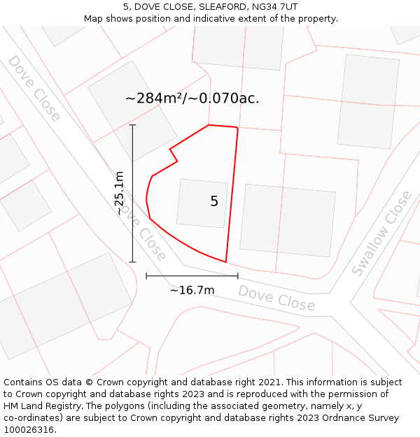 5, DOVE CLOSE, SLEAFORD, NG34 7UT: Plot and title map