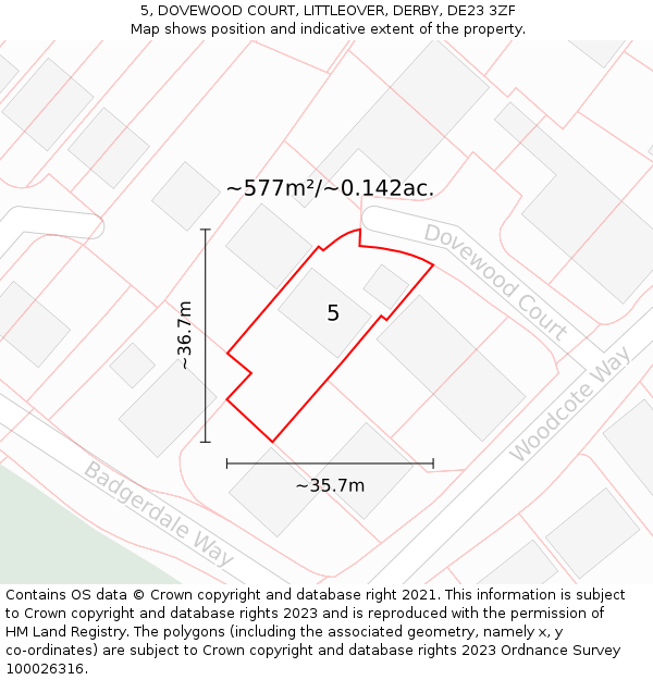 5, DOVEWOOD COURT, LITTLEOVER, DERBY, DE23 3ZF: Plot and title map
