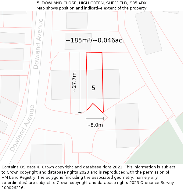 5, DOWLAND CLOSE, HIGH GREEN, SHEFFIELD, S35 4DX: Plot and title map