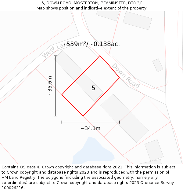 5, DOWN ROAD, MOSTERTON, BEAMINSTER, DT8 3JF: Plot and title map