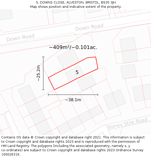 5, DOWNS CLOSE, ALVESTON, BRISTOL, BS35 3JH: Plot and title map