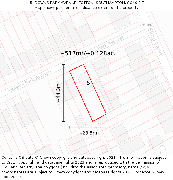 5, DOWNS PARK AVENUE, TOTTON, SOUTHAMPTON, SO40 9JE: Plot and title map