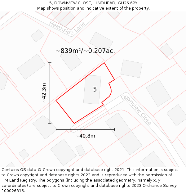 5, DOWNVIEW CLOSE, HINDHEAD, GU26 6PY: Plot and title map