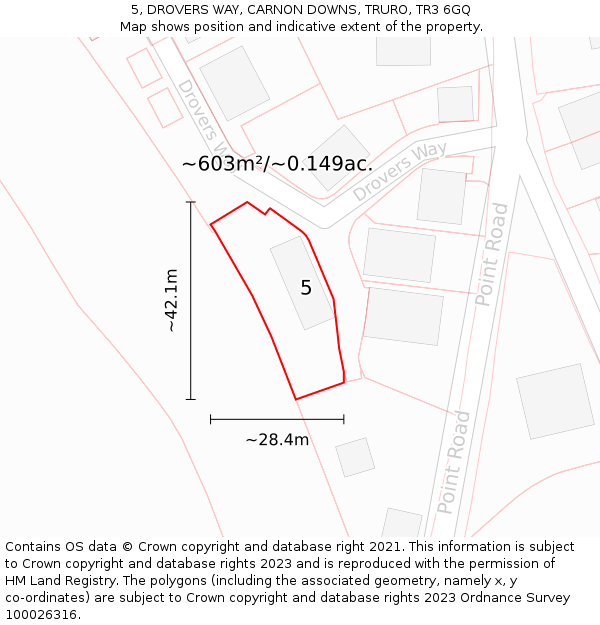 5, DROVERS WAY, CARNON DOWNS, TRURO, TR3 6GQ: Plot and title map