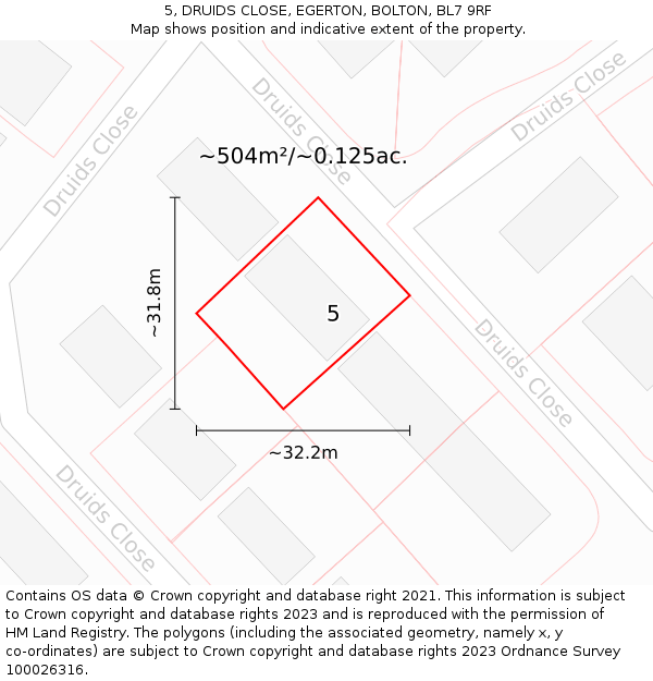 5, DRUIDS CLOSE, EGERTON, BOLTON, BL7 9RF: Plot and title map