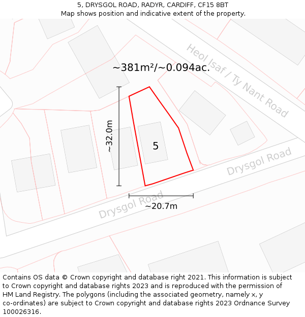 5, DRYSGOL ROAD, RADYR, CARDIFF, CF15 8BT: Plot and title map