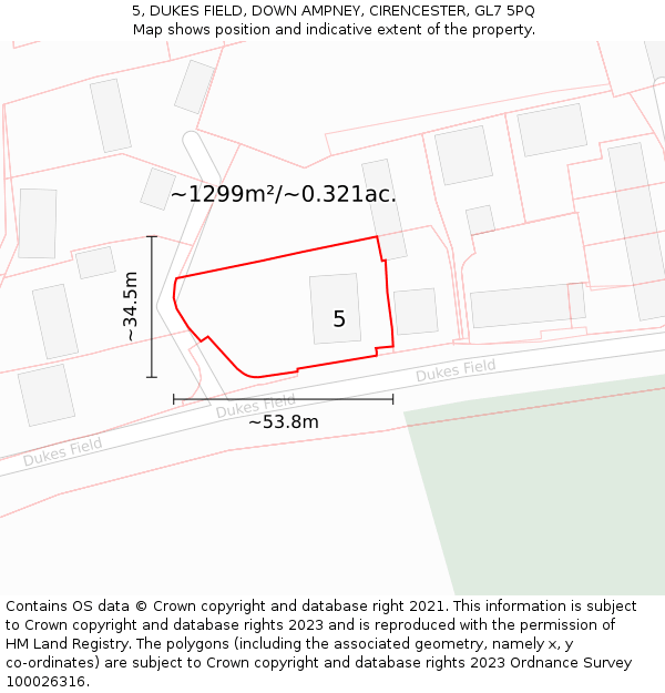 5, DUKES FIELD, DOWN AMPNEY, CIRENCESTER, GL7 5PQ: Plot and title map