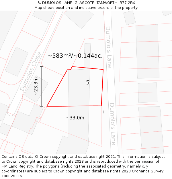 5, DUMOLOS LANE, GLASCOTE, TAMWORTH, B77 2BX: Plot and title map