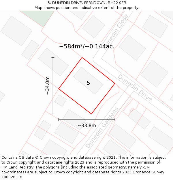 5, DUNEDIN DRIVE, FERNDOWN, BH22 9EB: Plot and title map