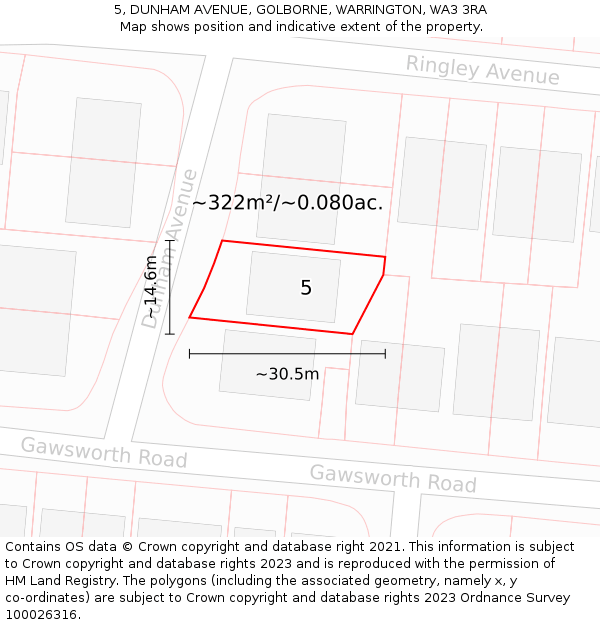 5, DUNHAM AVENUE, GOLBORNE, WARRINGTON, WA3 3RA: Plot and title map