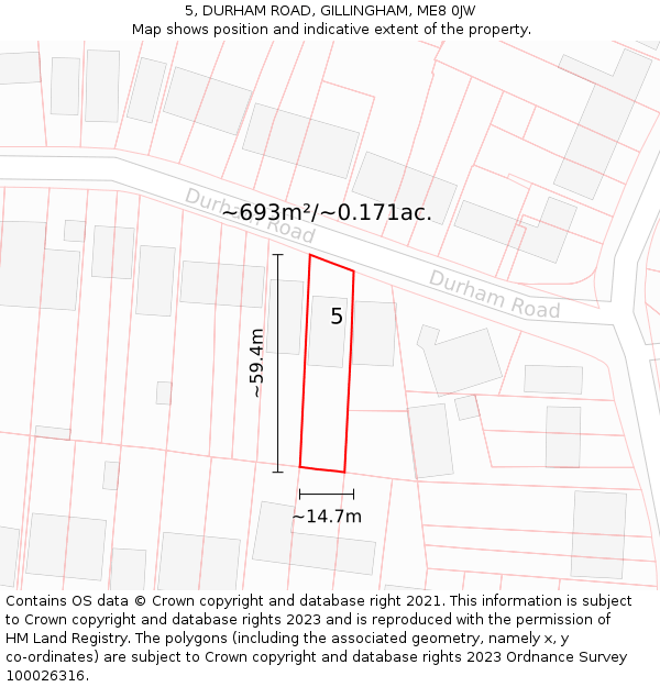 5, DURHAM ROAD, GILLINGHAM, ME8 0JW: Plot and title map