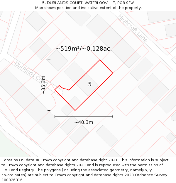 5, DURLANDS COURT, WATERLOOVILLE, PO8 9FW: Plot and title map