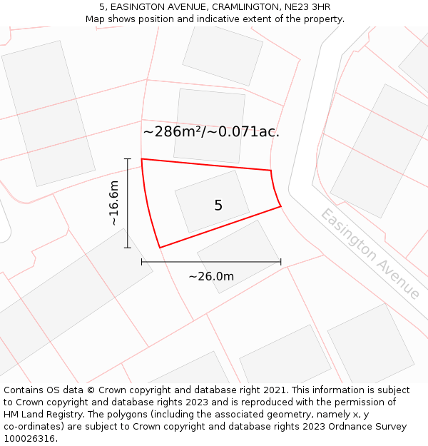 5, EASINGTON AVENUE, CRAMLINGTON, NE23 3HR: Plot and title map