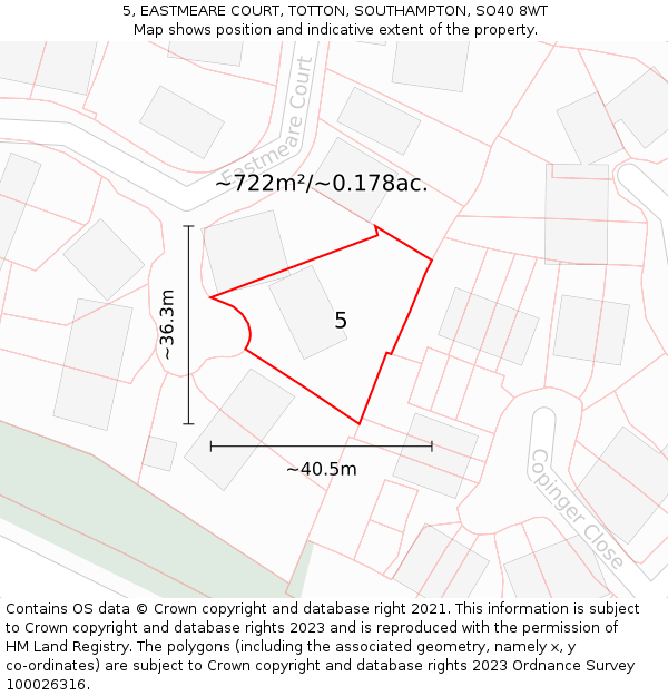 5, EASTMEARE COURT, TOTTON, SOUTHAMPTON, SO40 8WT: Plot and title map