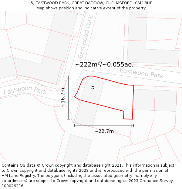 5, EASTWOOD PARK, GREAT BADDOW, CHELMSFORD, CM2 8HF: Plot and title map