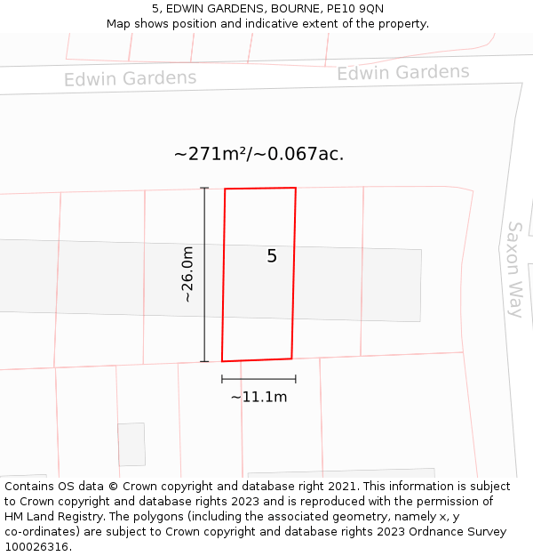 5, EDWIN GARDENS, BOURNE, PE10 9QN: Plot and title map