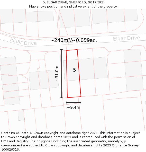 5, ELGAR DRIVE, SHEFFORD, SG17 5RZ: Plot and title map