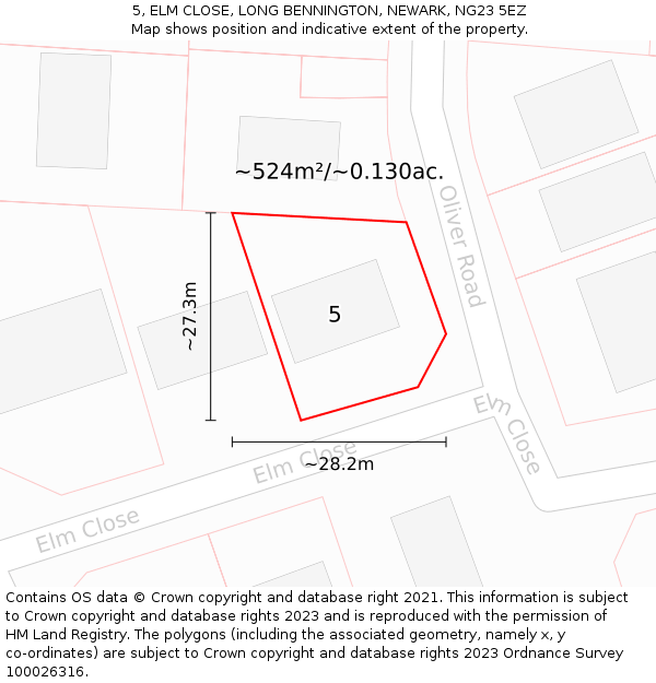 5, ELM CLOSE, LONG BENNINGTON, NEWARK, NG23 5EZ: Plot and title map