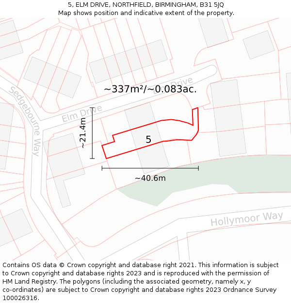 5, ELM DRIVE, NORTHFIELD, BIRMINGHAM, B31 5JQ: Plot and title map