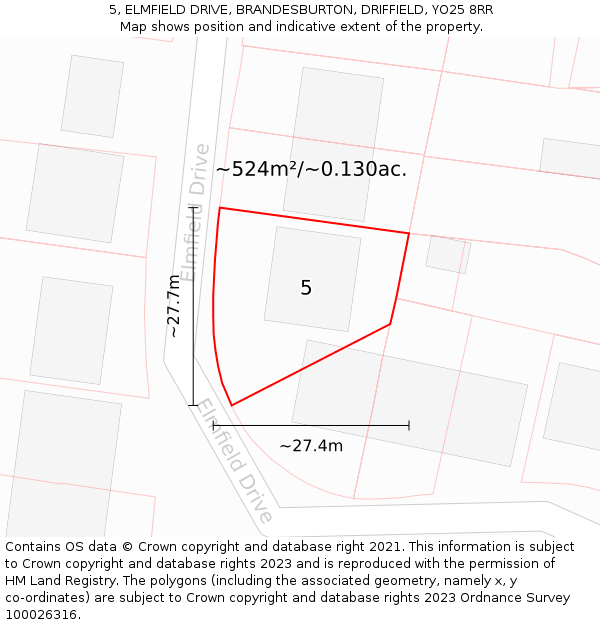 5, ELMFIELD DRIVE, BRANDESBURTON, DRIFFIELD, YO25 8RR: Plot and title map