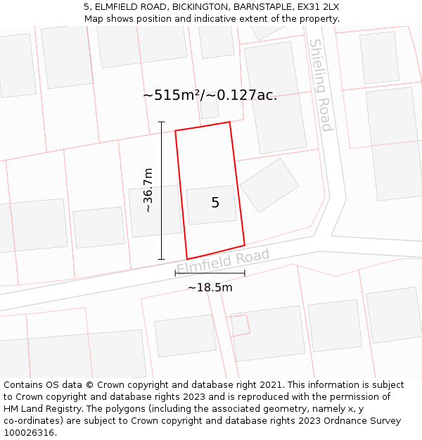 5, ELMFIELD ROAD, BICKINGTON, BARNSTAPLE, EX31 2LX: Plot and title map