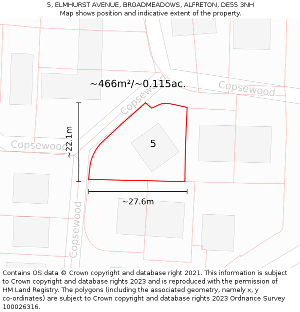5, ELMHURST AVENUE, BROADMEADOWS, ALFRETON, DE55 3NH: Plot and title map