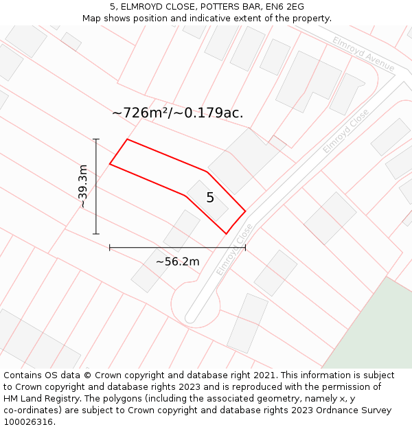 5, ELMROYD CLOSE, POTTERS BAR, EN6 2EG: Plot and title map