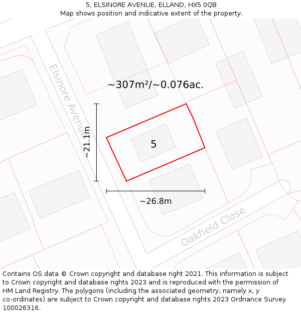 5, ELSINORE AVENUE, ELLAND, HX5 0QB: Plot and title map